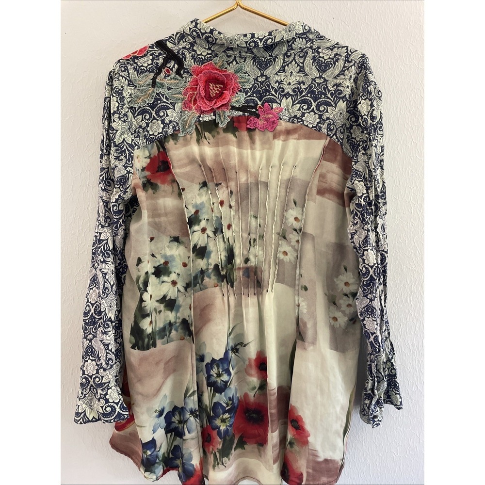 Aratta Silent Journey Floral Embroidered Button Down Shirt Top Unique Arts L